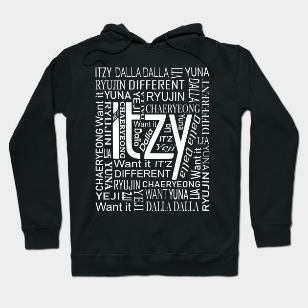 ITZY NAMES AND MUSIC COLLAGE WHITE Hoodie by PLMSMZ